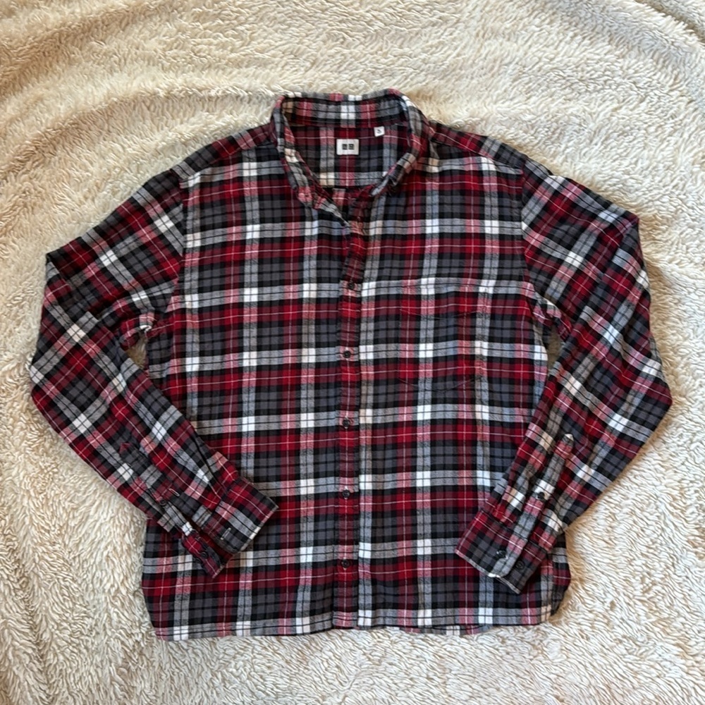 Uniqlo check shirt black red white brushed cotton flannel long sleeve size XL